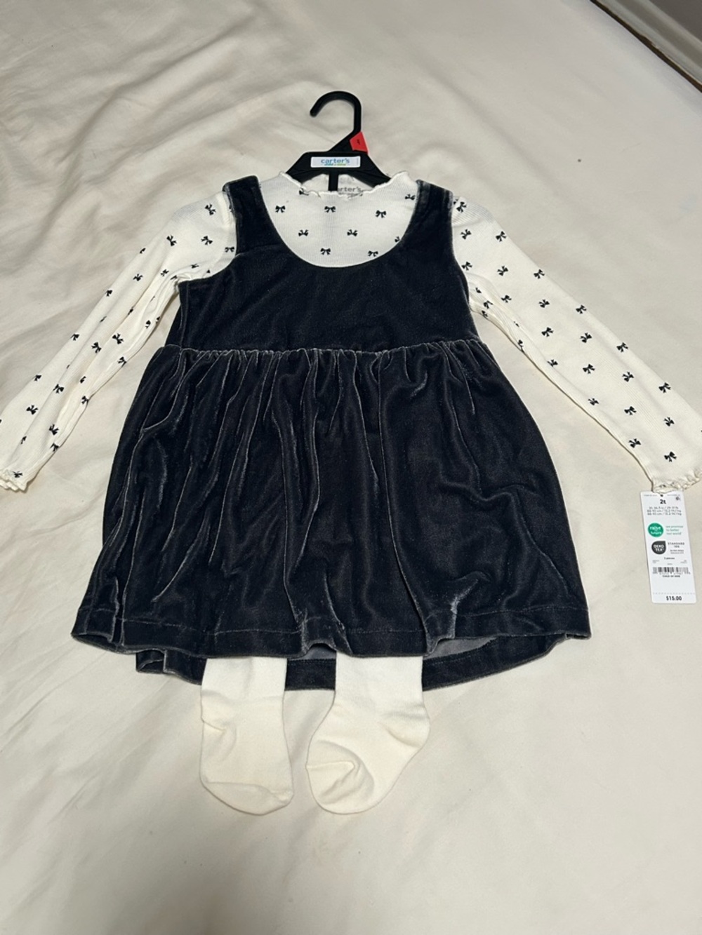 NWT Set Carter’s girl  Cream Ribbed Top with Black Bow Accents size 2